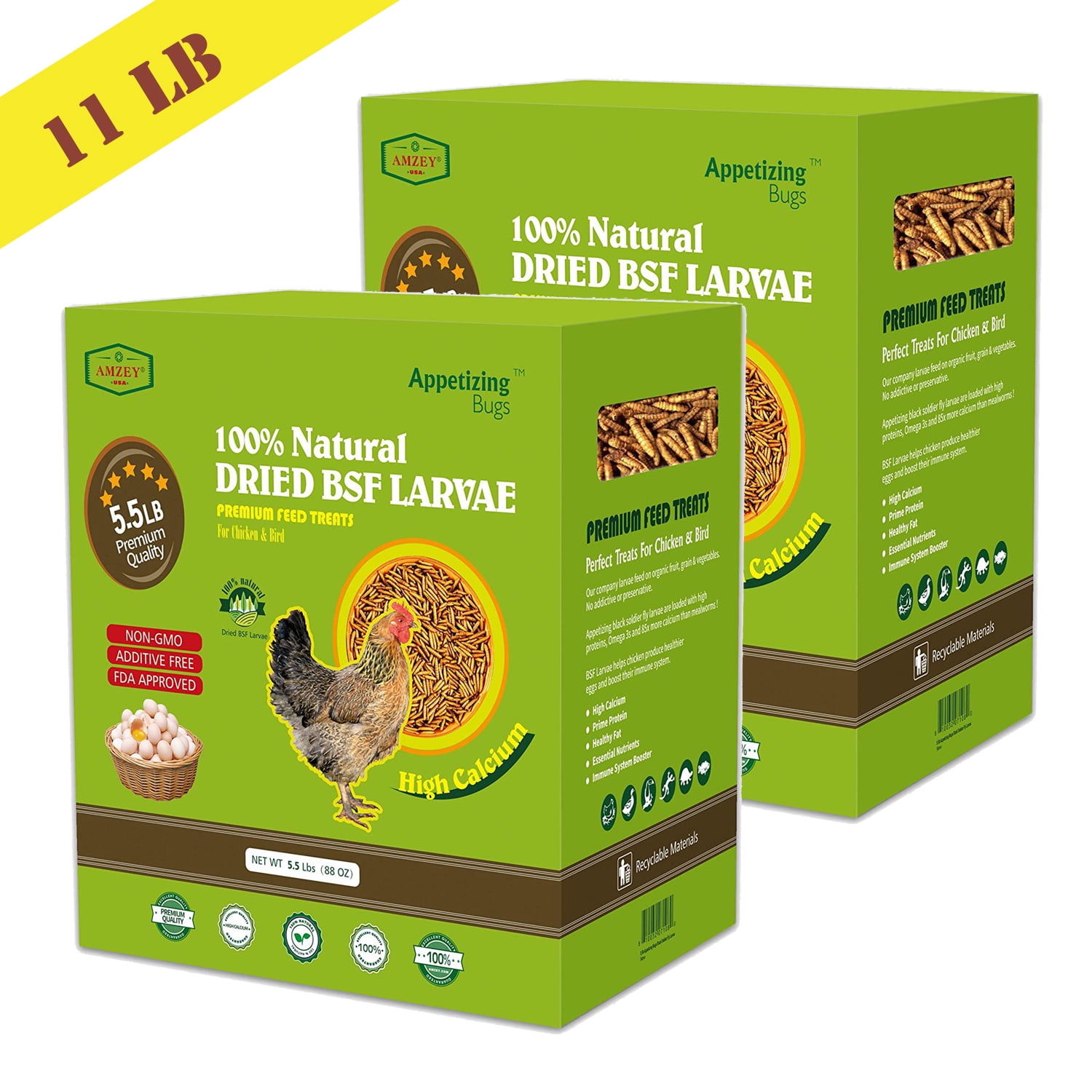 Amzey 2 Pack 5.5 LBS Black Soldier Fly Larvae Chicken Feed for Laying Hens, Superior to Dried Mealworms, 11 lbs Total
