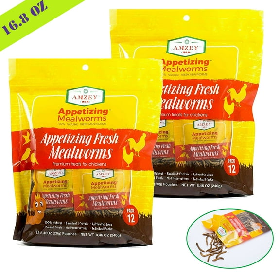 Amzey 2 Pack 8.4 oz 100% Non-GMO Fresh Mealworms, High-Protein Treats for Duck, Fish, Turtle, Chicken, Wild Bird, Crested Gecko, Reptile Food, 16.8 oz (24 Bags)