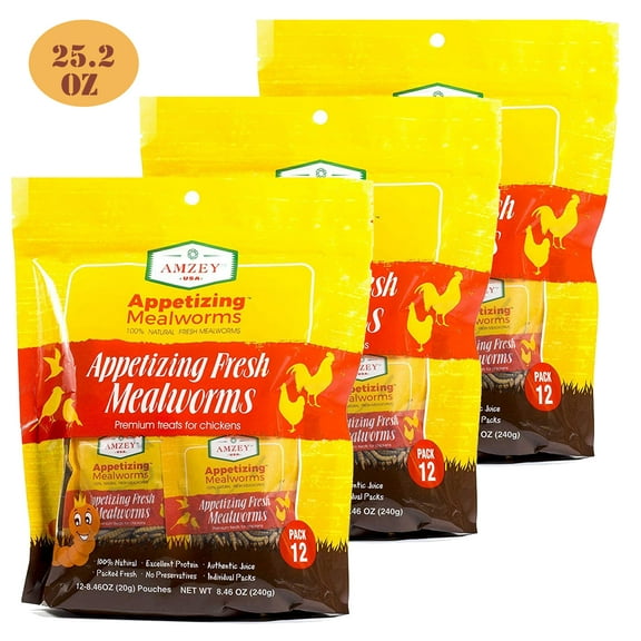 Amzey 3 Pack 8.4 oz Fresh Mealworms, Superior to Live Mealworms, Wild Bird Food, Chicken Food, Crested Gecko Food, Reptile Food, 25.2 oz (36 Bags)