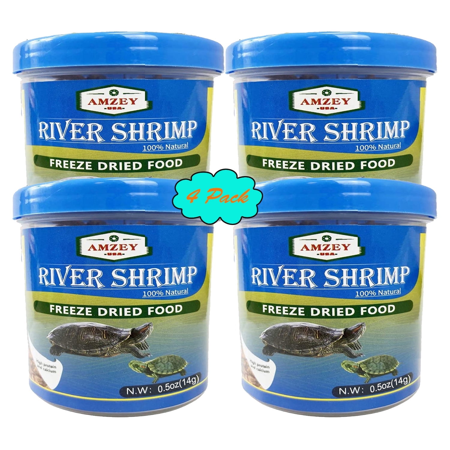 Amzey 4 Pack 0.5 oz Freeze Dried River Shrimp-100% Natural High Protein Fish Food for Turtles, Koi Fish, Betta Fish, Goldfish, Tropical Fish, 2 oz Total