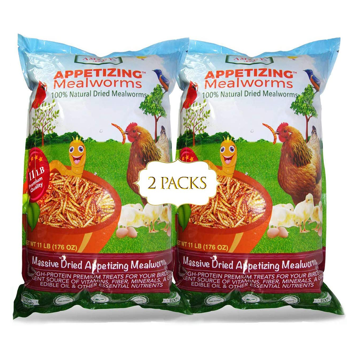 Amzey Freeze-Dried Appetizing Mealworms, 100% Natural Non GMO, Bird Food, Chickens Treats, Parakeet Food, Wild Birds Food, 22 lbs（11 lb/2Bags）