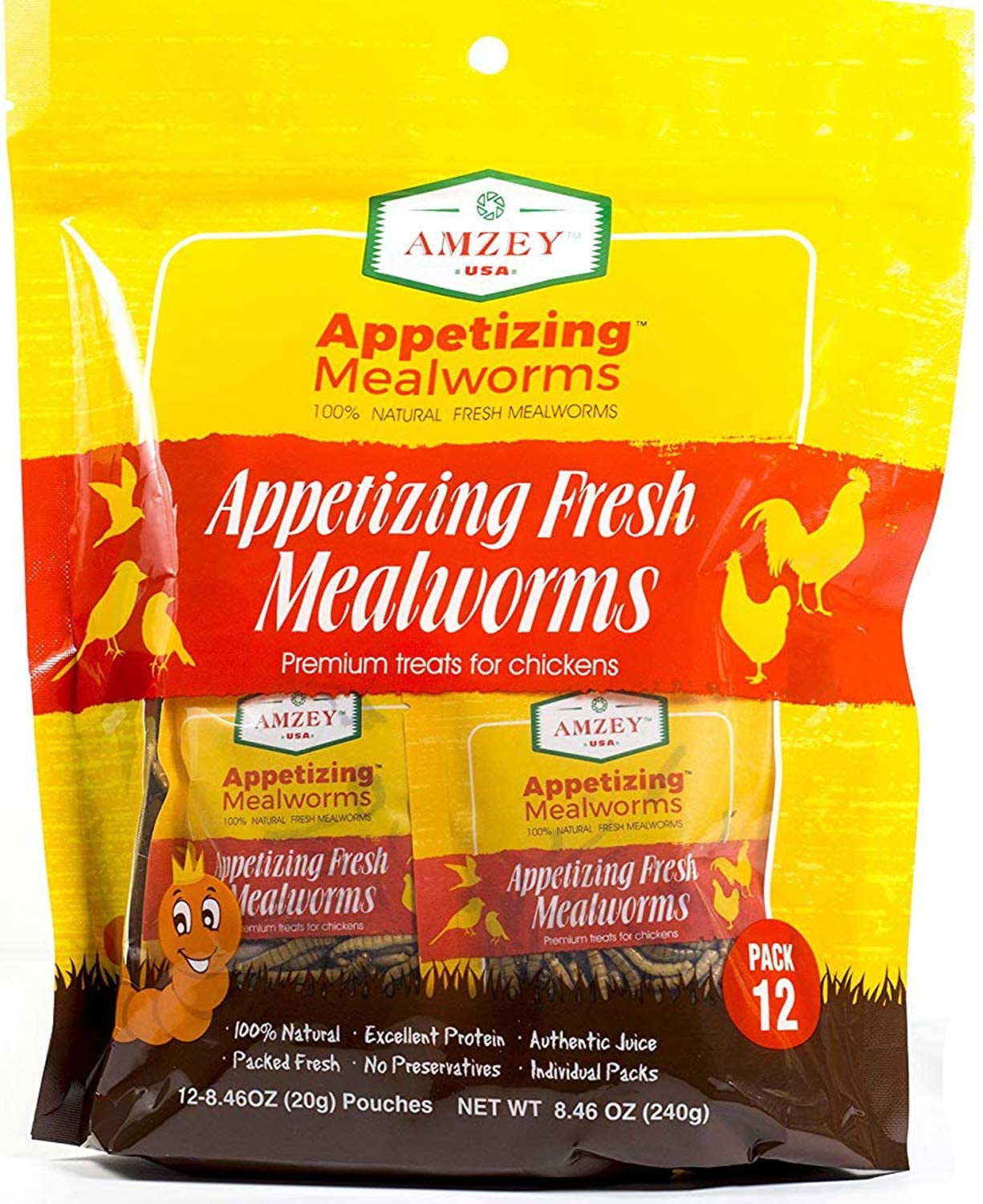 Amzey Fresh Mealworms 8.4 oz (1600 Count Total, 12 Bags), No Preservatives - Superior to Live Mealworms - Premium Food for Leopard Gecko, Exotic Bird, Sugar Glider, Hedgehog