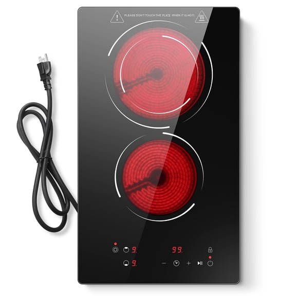 Amzgachfktch 12" 2 Burner Electric Cooktop 1800W, 110V Plug-in, Dual-Ring, Touch Control, Child Lock