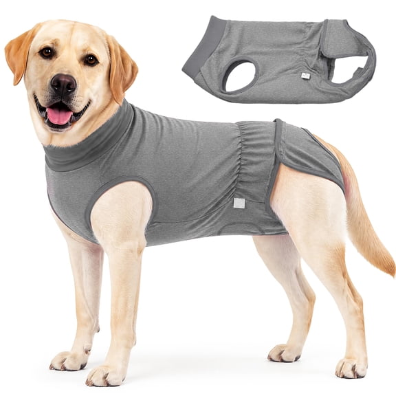 Amztom Dog Recovery Suit, Breathable Cotton Post-Surgery Onesie with Double-Layer Abdominal Protection, Adjustable Elastic Waist, Back Snaps, Gray, M