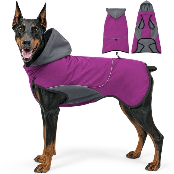 Amztom Dog Winter Hooded Jacket, Warm Fleece Lined Coat with Reflective Strips, Adjustable Side Waist & Leg Loops, for Small to Large Dogs(Purple, M)