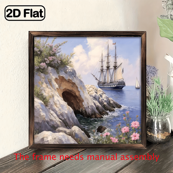 An 8*8 inch wooden framed painting - Serene Coastal Ship. It can be used as a home decoration item or as a wonderful gift.