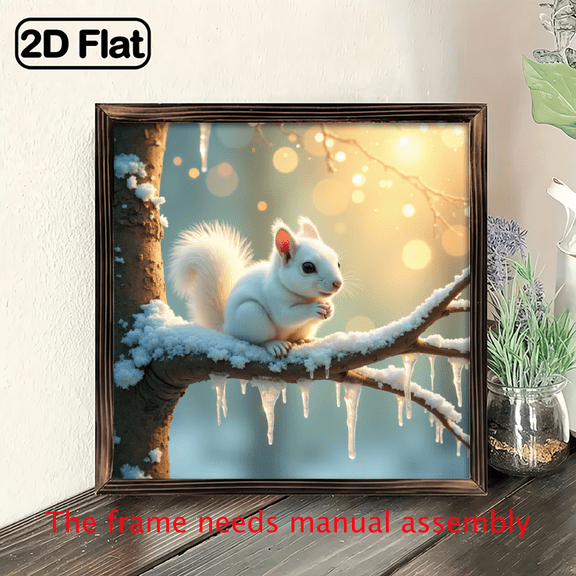 An 8*8-inch wooden framed painting - a snowy winter squirrel. It can be used as a home decoration item or as a wonderful gift.