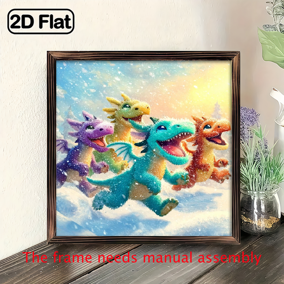 An 8*8 inch wooden framed painting - cute snow dragon. It can be used as a home decoration item or as a wonderful gift.