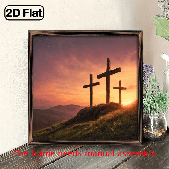An 8*8 inch wooden framed painting - three crosses on the mountain. It can be used as a home decoration item or as a wonderful gift.