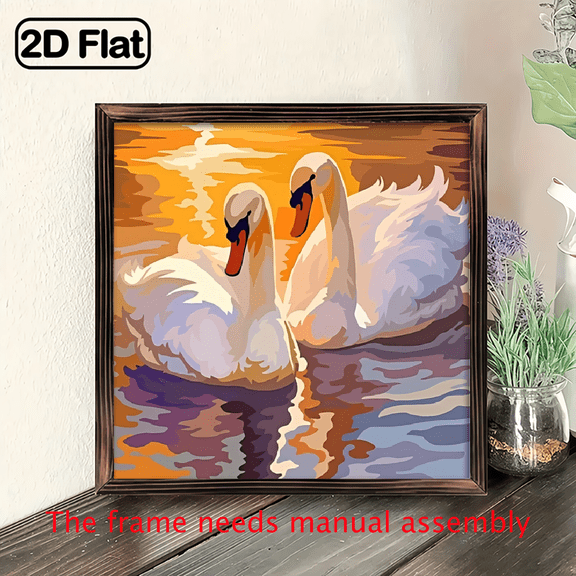 An 8-inch 2D flat "Swan on the Dusk Water Surface" wooden framed painting, a very beautiful home decoration.