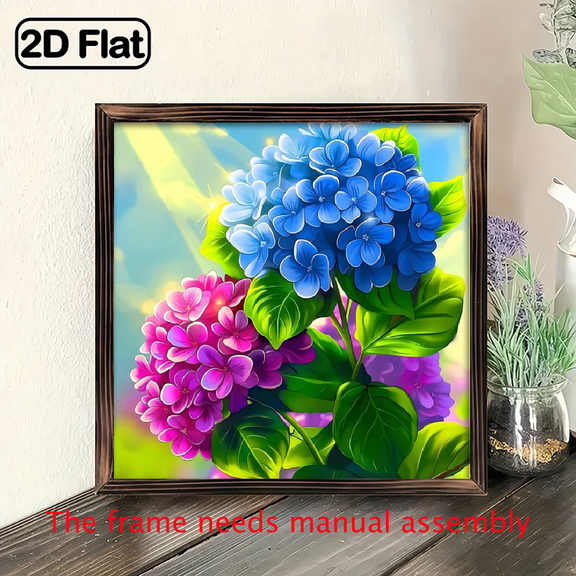 An 8-inch 2D flat "blue and pink hydrangea" wooden framed painting, a very beautiful home decoration.