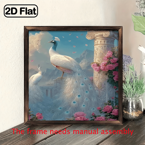 An 8-inch wooden-framed painting, an elegant peacock by the column.