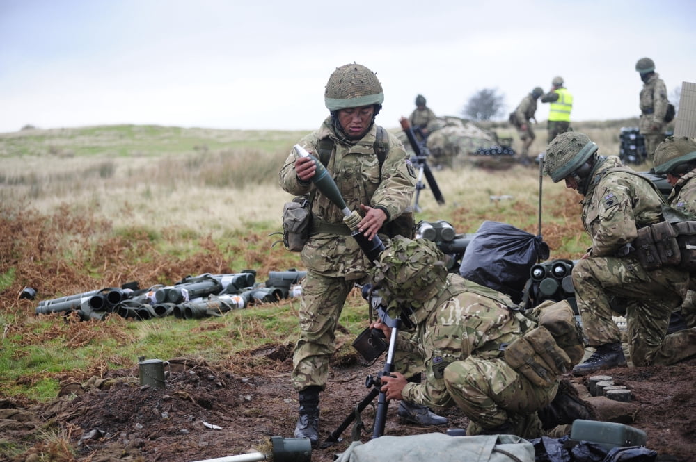 An 81mm mortar team live firing in support of a company attack Canvas Art - Andrew ChittockStocktrek Images (18 x 12)