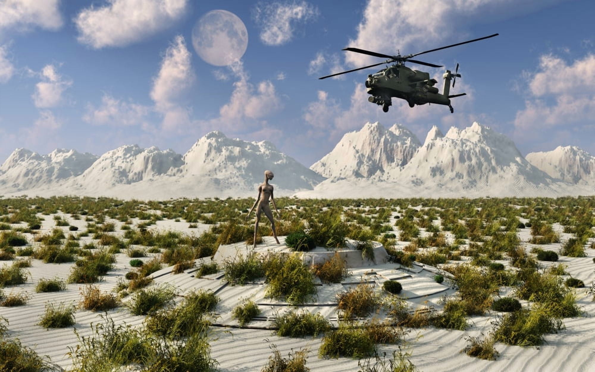 An AH-64 Apache Black Ops helicopter flying to a UFO landing site Canvas Art - Mark StevensonStocktrek Images (18 x 12)