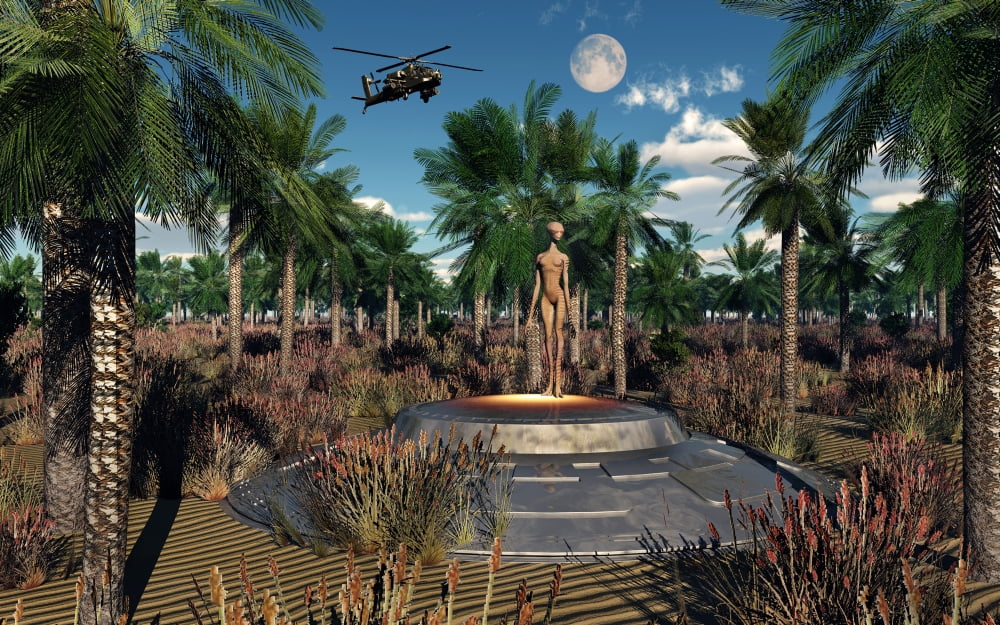 An AH-64 Apache Black Ops helicopter tracking down a UFO and its alien pilot Canvas Art - Mark StevensonStocktrek Images (36 x 23)