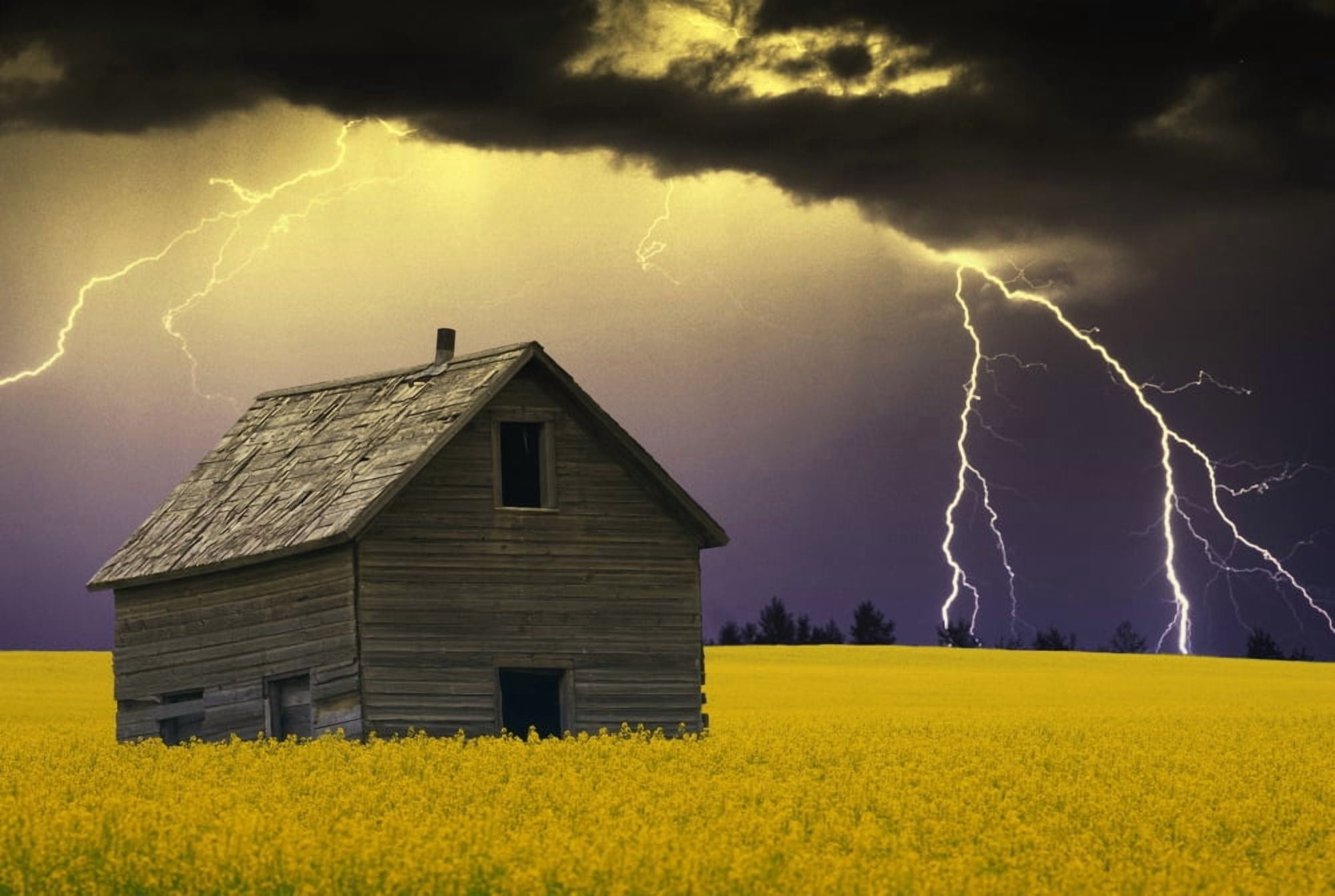 An Abandoned Farm Building With Lighting In The Background Canvas Art - Carson Ganci Design Pics (17 x 11)