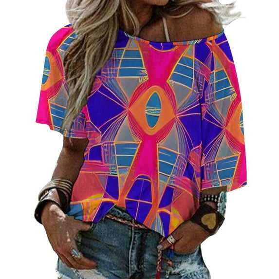 An Abstract Four-Dimensional Eyes Ruffle Short Sleeve T Shirt Women Summer T Shirts V Neck Tee Tops Abstract Sun Eye Colorful