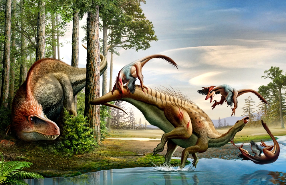 An Acrocanthosaurus observes a Tenontosaurus being attacked by Deinonychus Canvas Art - Mohamad HaghaniStocktrek Images (18 x 12)