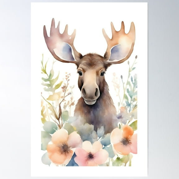 An Adorable Moose Amidst The Flowers And Leaves Poster Wall Art, Modern Wall Decor For Living Room Bedroom, 24x36 UNFRAMED