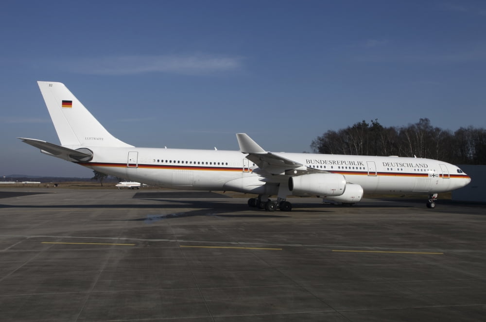 An Airbus 340 acting as Air Force One for the German Air Force Canvas Art - Timm ZiegenthalerStocktrek Images (18 x 12)