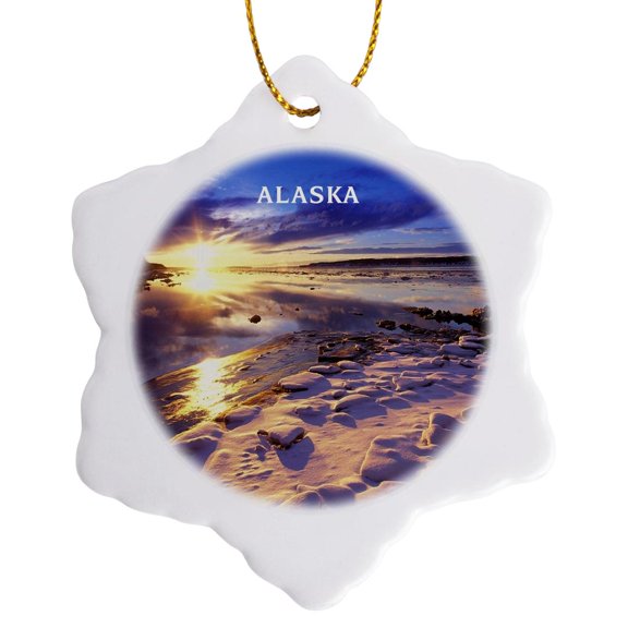 3drose, an Alaskan Sunset, 3 inch Snowflake Porcelain Ornament