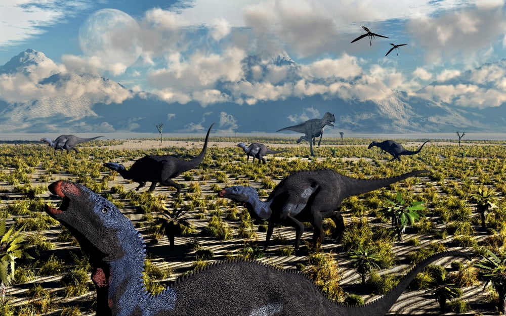 An Allosaurus attacking a herd of Camptosaurus dinosaurs Canvas Art - Mark StevensonStocktrek Images (18 x 12)