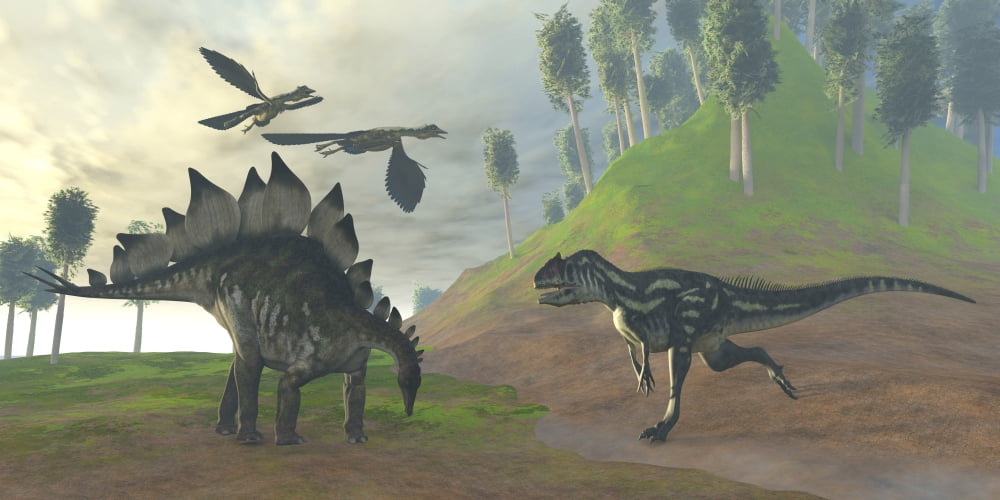 An Allosaurus attacks an unaware Stegosaurus dinosaur Canvas Art - Corey FordStocktrek Images (40 x 20)