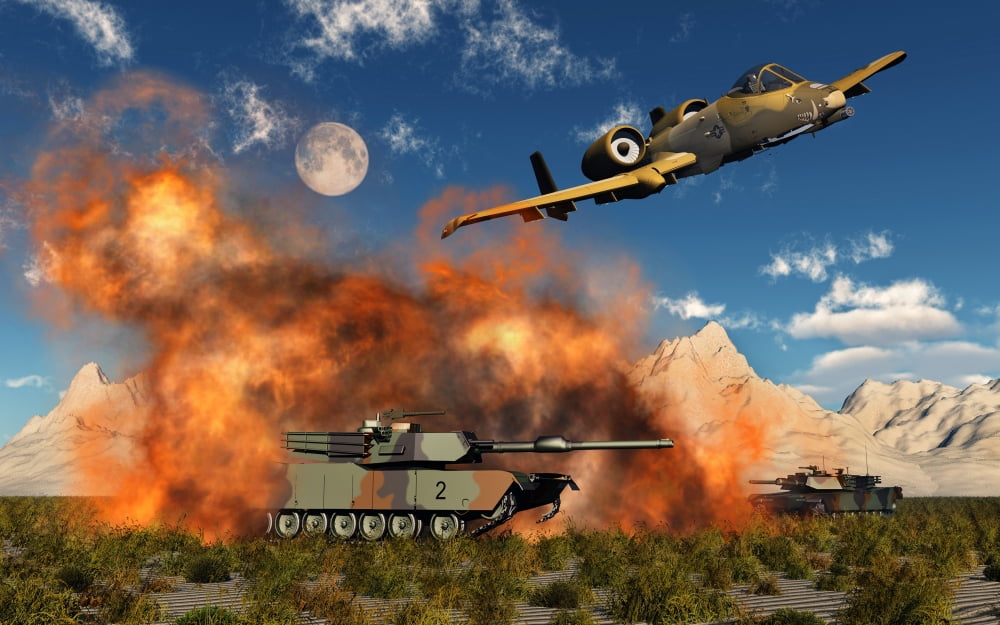 An American A-10 Thunderbolt using abandoned tanks as target practice Canvas Art - Mark StevensonStocktrek Images (36 x 23)