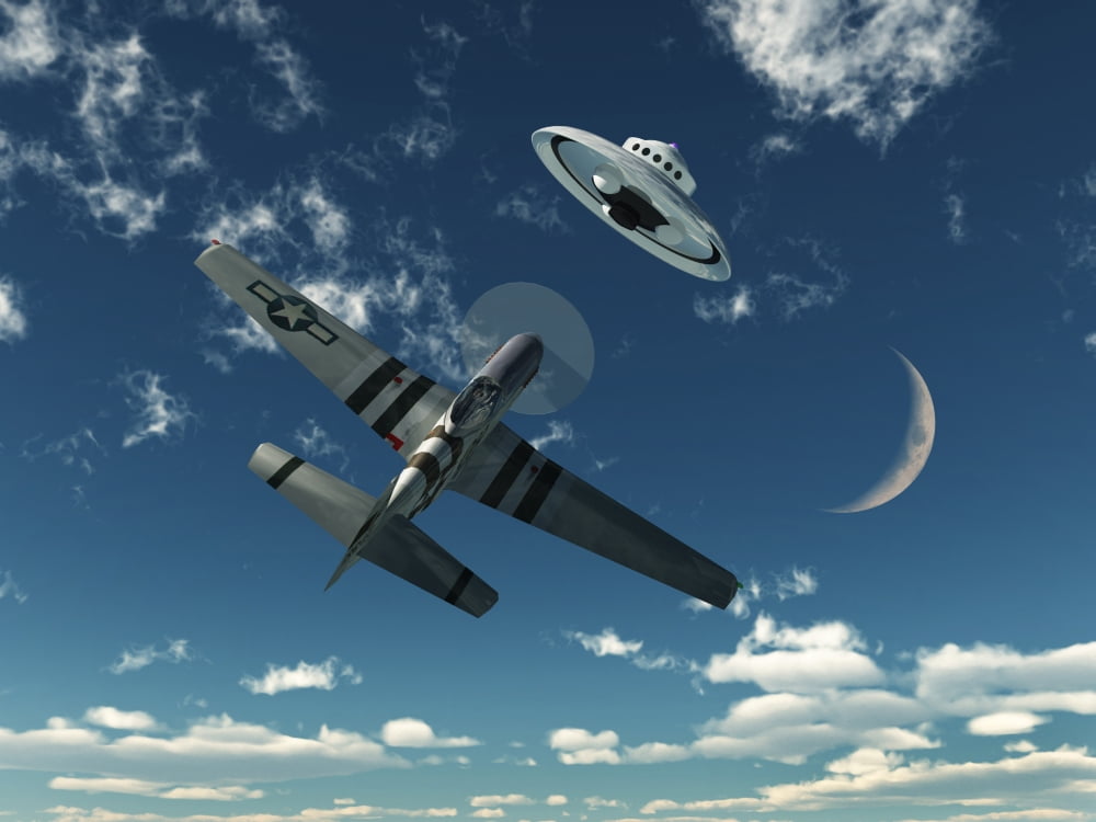 An American P-51 Mustang gives chase to a UFO Canvas Art - Mark StevensonStocktrek Images (33 x 25)