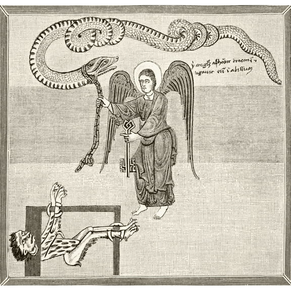 An Angel Holding The Keys Of Hell Enchains The Devil - In The Shape Of A Dragon - In The Pit. After A 12Th Century Miniature From A