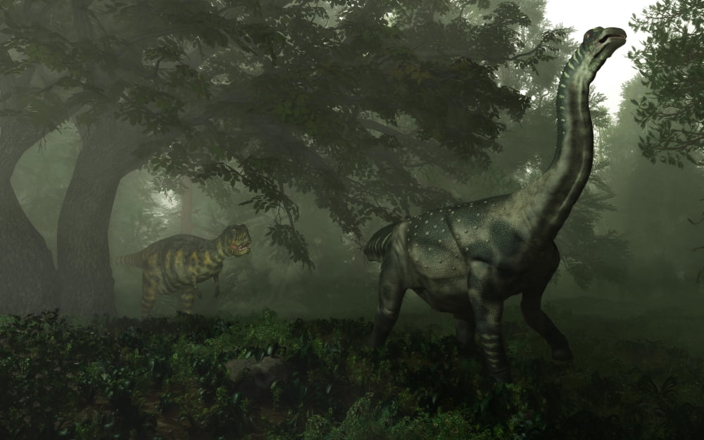 An Antarctosaurus stalked by Abelisaurus in a prehistoric landscape Canvas Art - Walter MyersStocktrek Images (18 x 12)