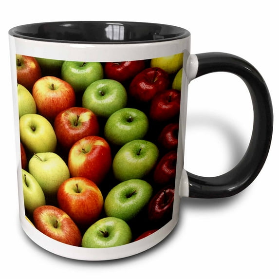 3drose, an Apple a Day - Apple, Apples, Red Apples, Green Apples, Juicy Apples, Food, Fruit, 11oz Two-tone Black Mug