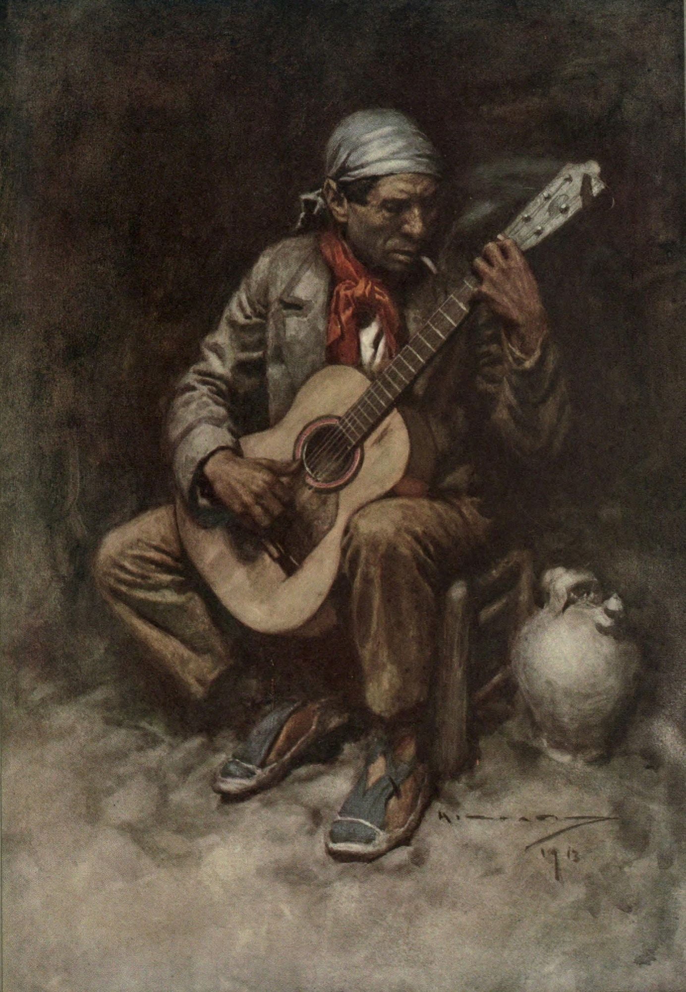 An Artist in Spain 1914 A Grenadine Gypsy with Guitar Canvas Art - AC Michael (24 x 36)