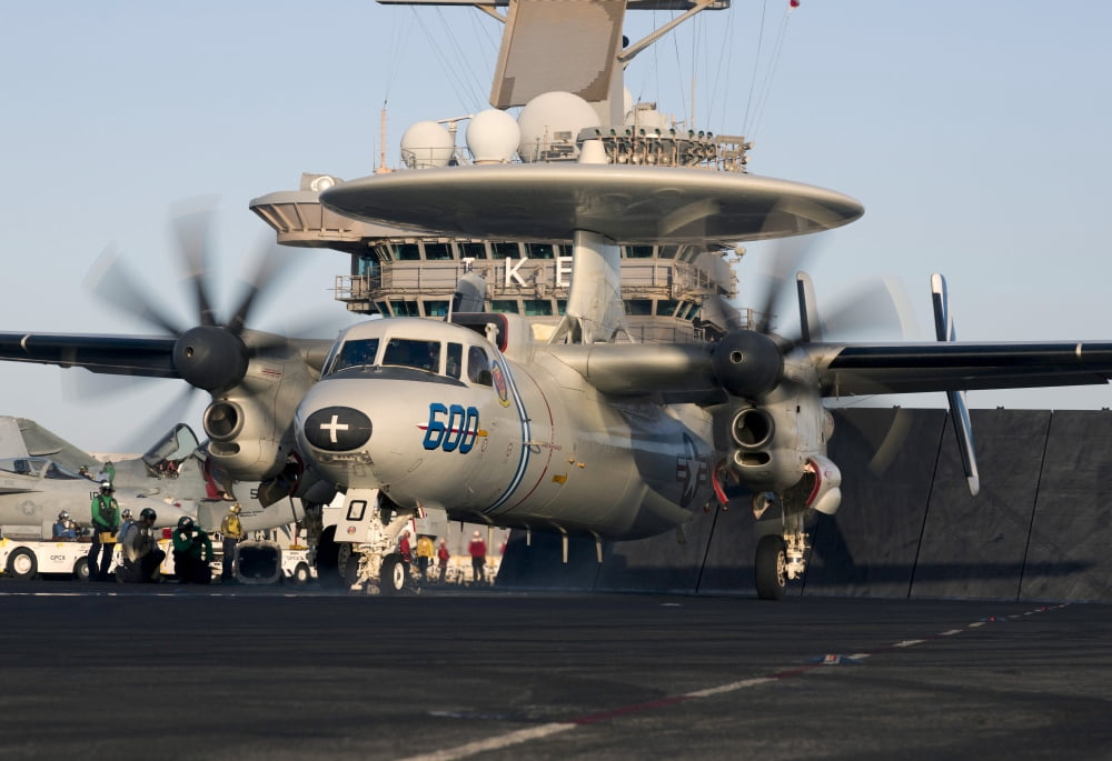 An E-2C Hawkeye during flight operations on USS Dwight D Eisenhower Canvas Art - Gert KromhoutStocktrek Images (17 x 12)