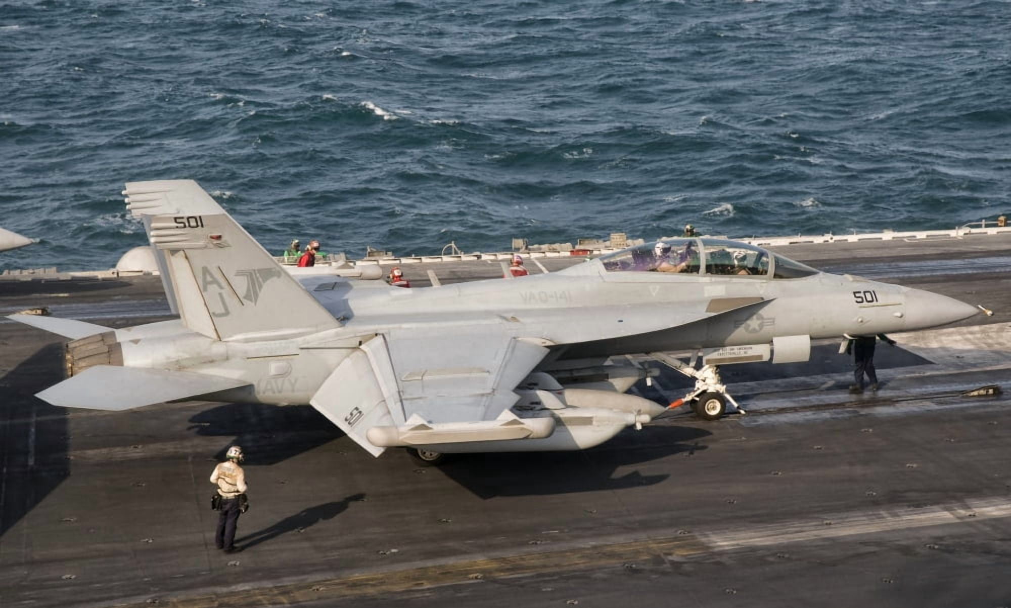 An EA-18G Growler is ready for a mission aboard USS George HW Bush Canvas Art - Giovanni CollaStocktrek Images (18 x 11)