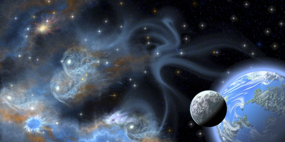 An Earth-like planet and its moon hover near a blue nebula Canvas Art - Corey FordStocktrek Images (40 x 20)