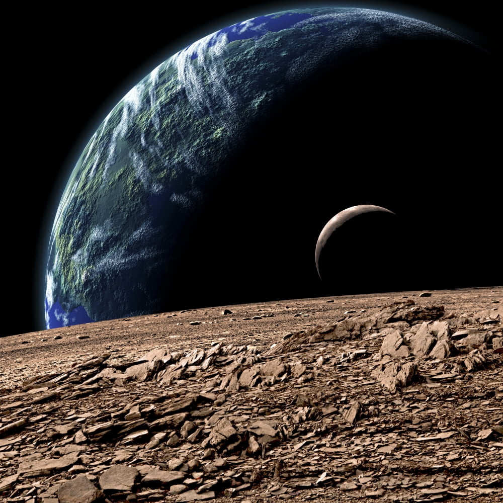 An Earth-like planet in deep space with an orbiting moon Canvas Art - Marc WardStocktrek Images (29 x 29)