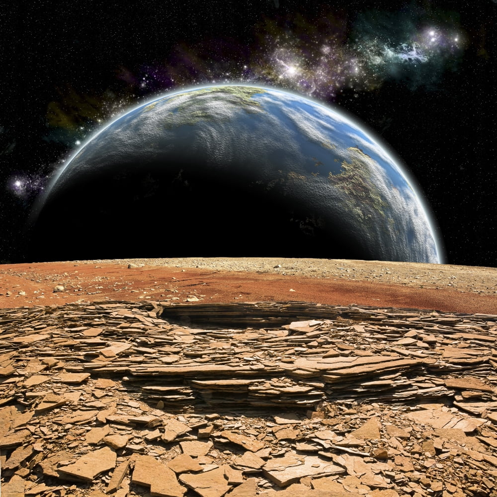 An Earth-like planet rises over a rocky and barren alien moon Canvas Art - Marc WardStocktrek Images (28 x 28)