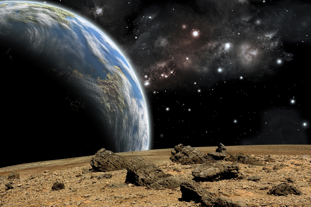An Earth-like planet rises over a rocky and barren alien world Canvas Art - Marc WardStocktrek Images (18 x 12)