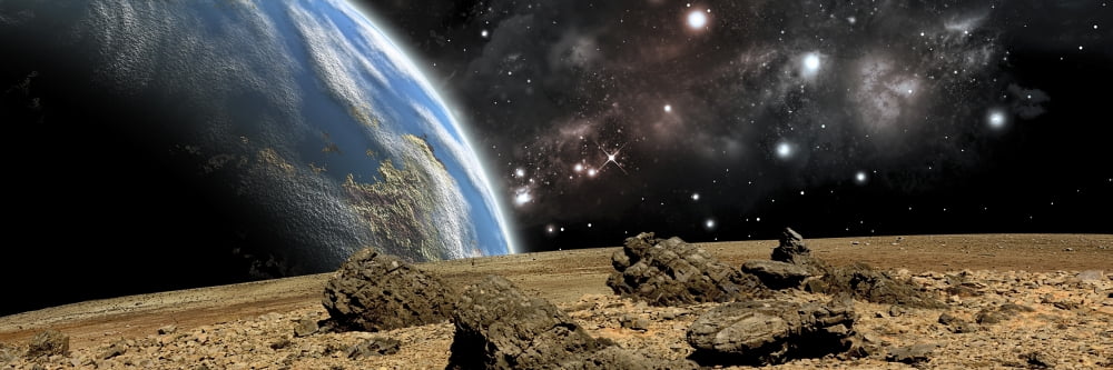 An Earth-like planet rises over a rocky and barren alien world Canvas Art - Marc WardStocktrek Images (24 x 8)