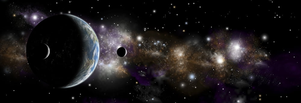An Earth-like planet with a pair of moons in orbit Canvas Art - Marc WardStocktrek Images (24 x 9)