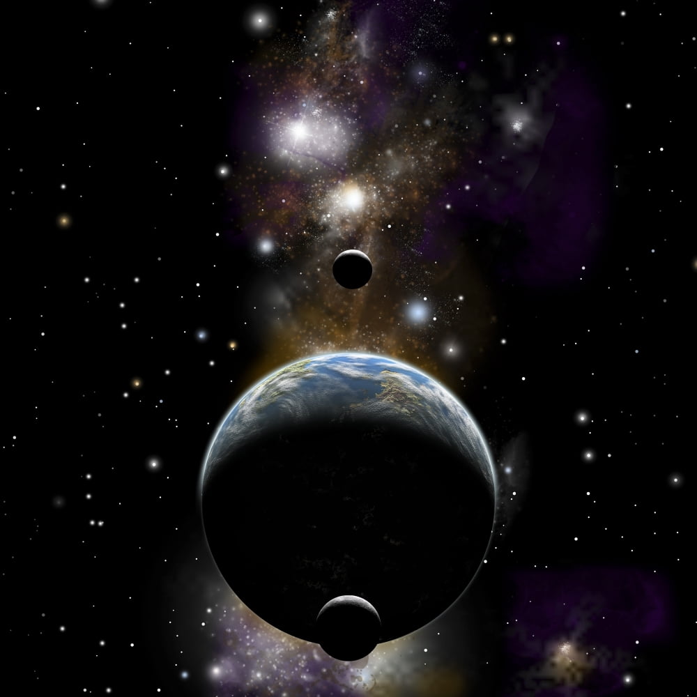 An Earth type world with two moons against a background of nebula and stars Canvas Art - Marc WardStocktrek Images (29 x 29)