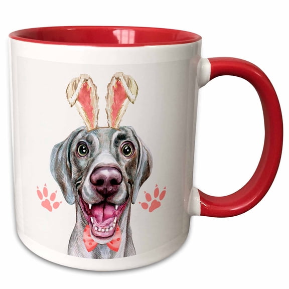 3drose, an Easter Weimaraner Dog in Sweet Bunny Ears with Pink Bow, 15oz Two-tone Red Mug