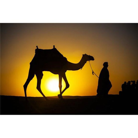 An Egyptian Man Silhouetted by The Setting Sun Leads A Camel Across The Desert - Cairo Egypt Poster Print by Matt Brandon, 19 x 12