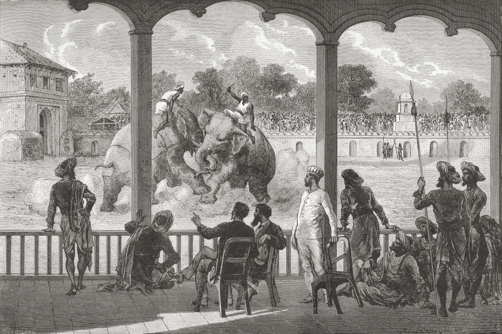 An Elephant Fight Baroda India In The 19Th Century From El Mundo En La Mano Published 1878 Canvas Art - Ken Welsh Design Pics (18 x 12)