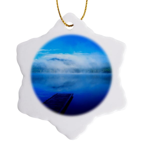3drose, an Empty Dock on a Calm Misty Lake, 3 inch Snowflake Porcelain Ornament