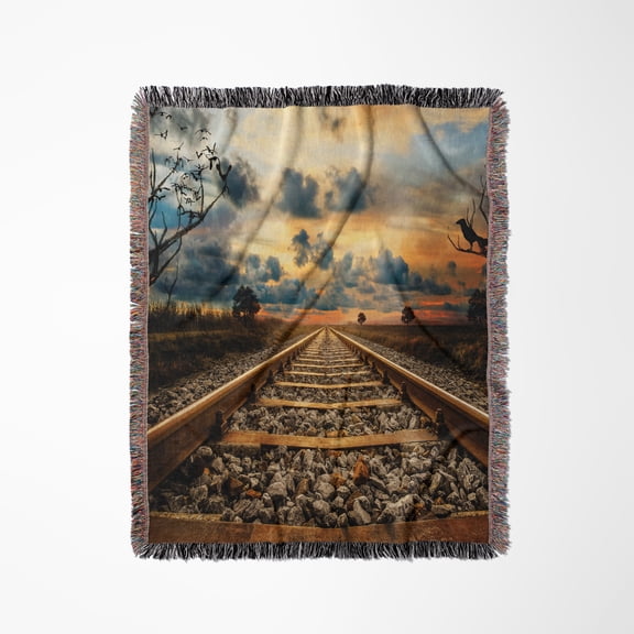 An Empty Railroad Tracks Going Into The Horizon At Sunset, Woven Blanket