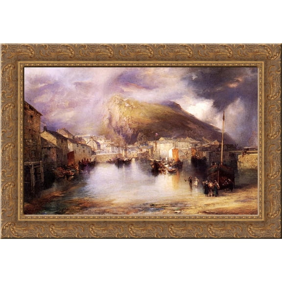 An English Fishing Village, Polperro, Cornwall 24x18 Gold Ornate Wood Framed Canvas Art by Moran, Thomas