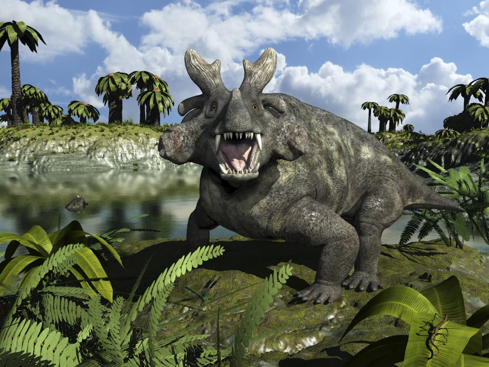 An Estemmenosuchus mirabilis stands before a lake 255 million years ago Canvas Art - Walter MyersStocktrek Images (33 x 25)