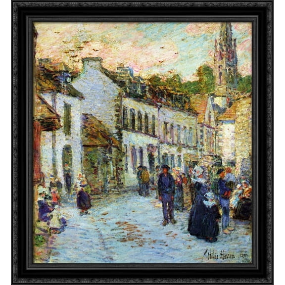 An Evening Street Scene, Pont Aven 28x30 Large Black Ornate Wood Framed Canvas Art by Childe Hassam